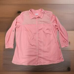 DENIM & CO 3X Pink Western Long Roll Tab Sleeve Button Shirt Shacket Pockets